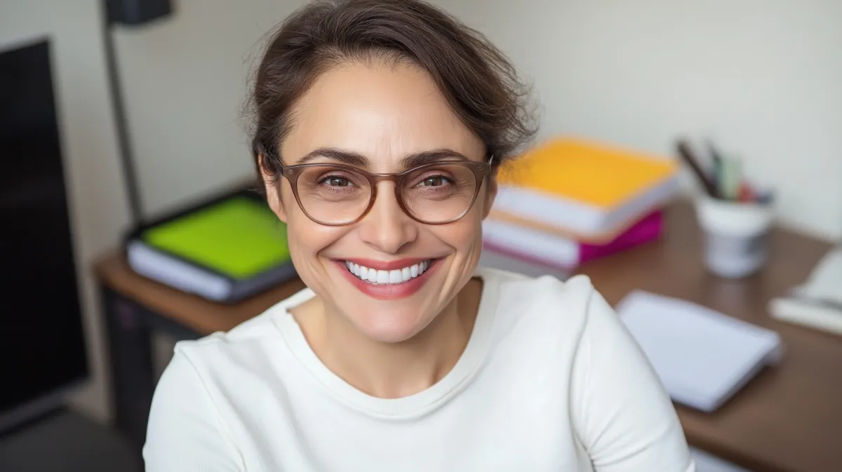 Ana Martins sorrindo em reunião