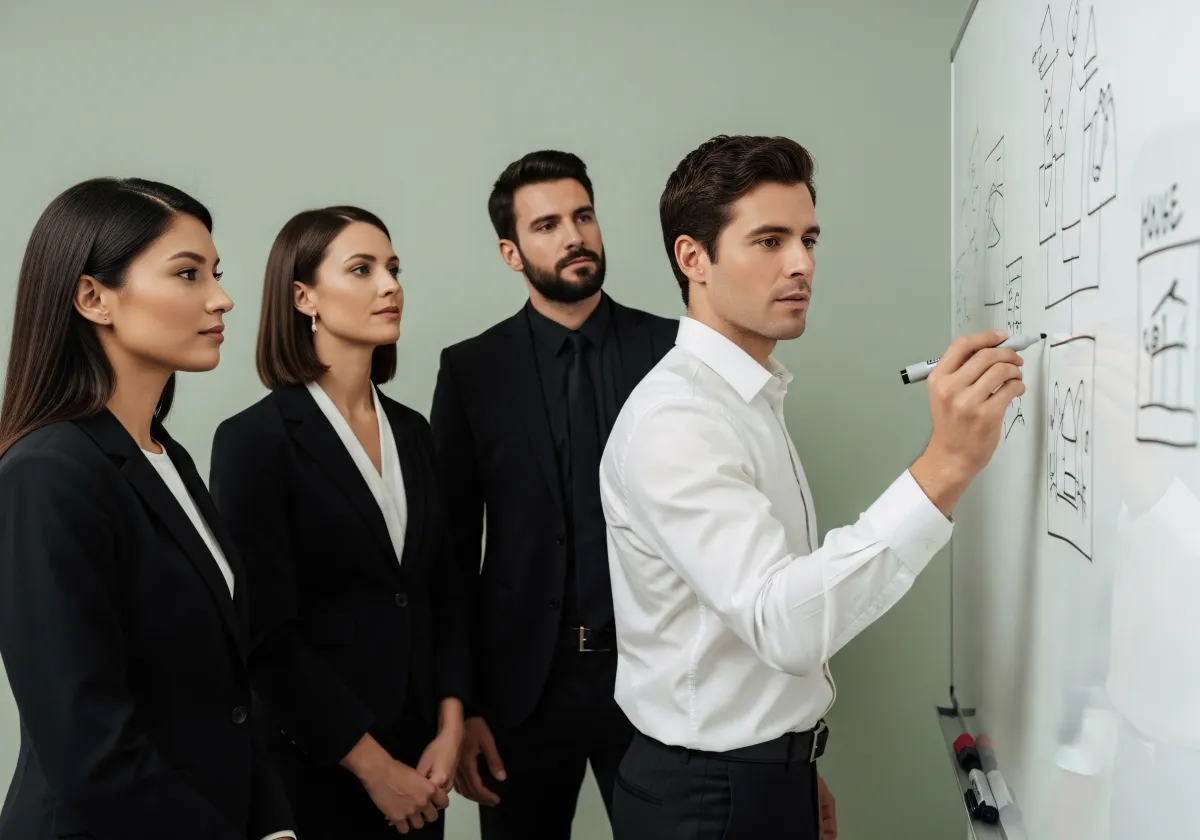 Equipe em reunião analisando regiões